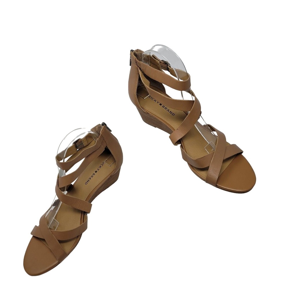 Lucky Brand Jinela Leather Strappy Wedge Sandals 11 Tan Wood Stacked Ankle Strap - Picture 3 of 11